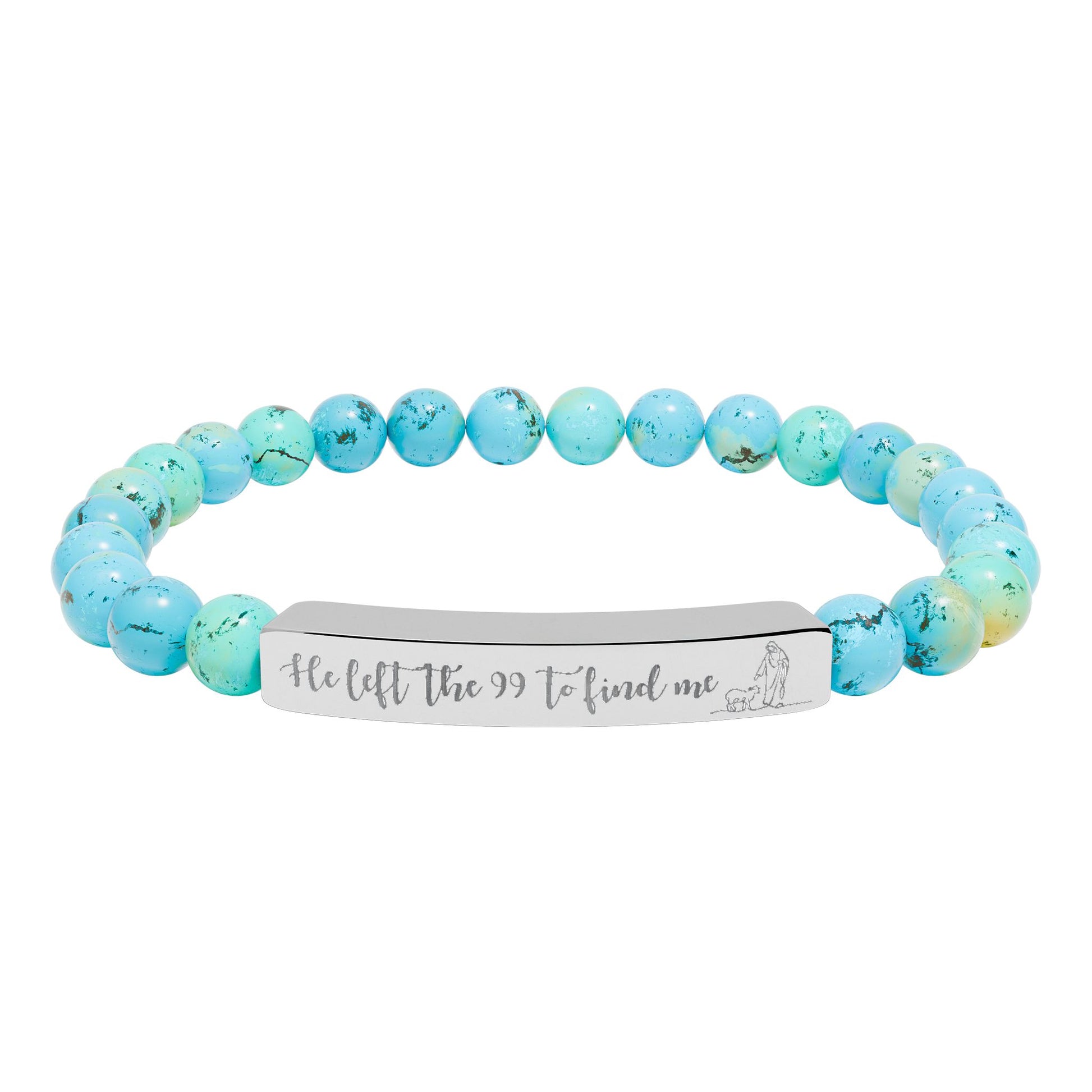 He Left The 99 To Find Me Natural Stone Engraved Stretch Bar Bracelet