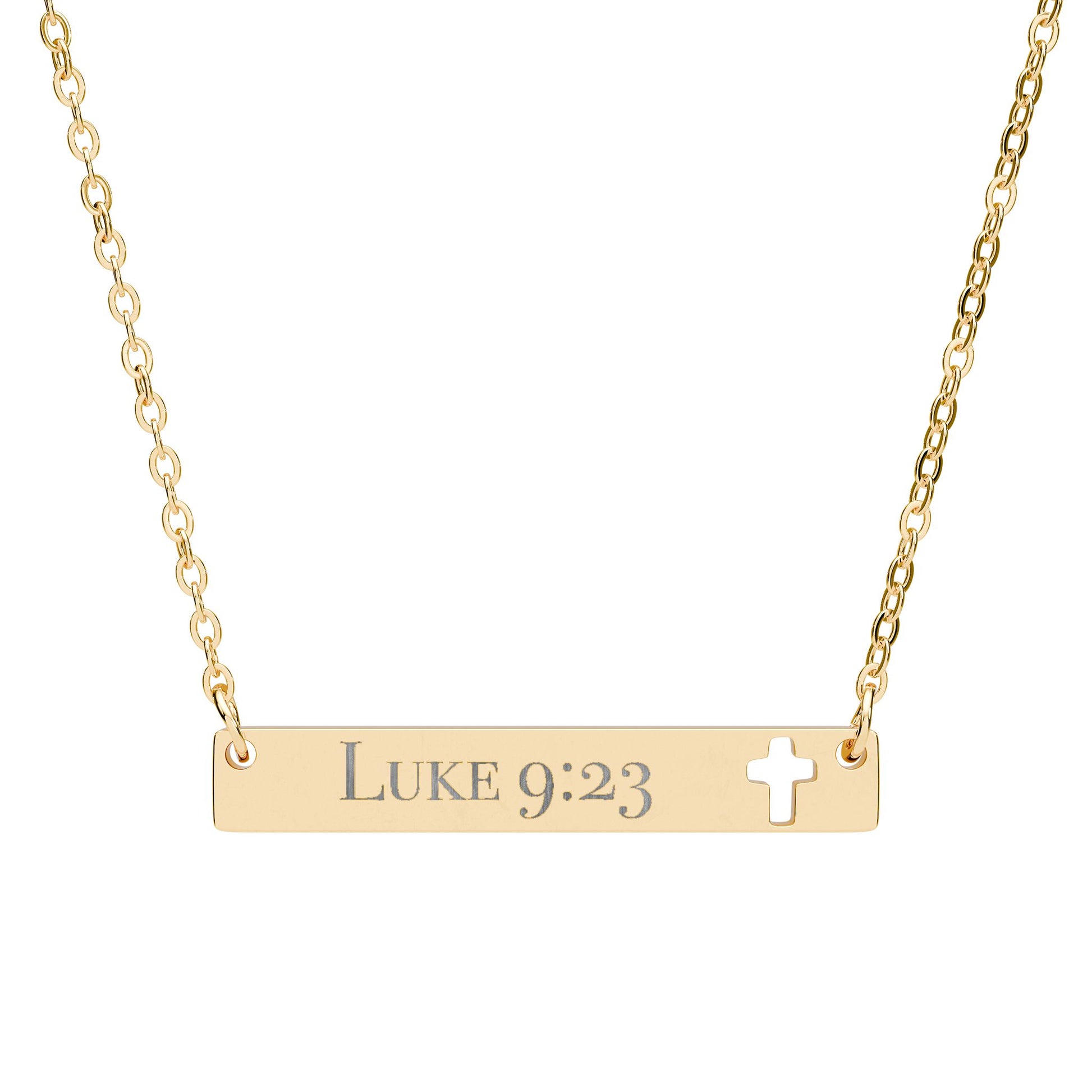 Luke 9:23 Engraved Cross Cut out Bar Necklace | Faith-Inspired Jewelry