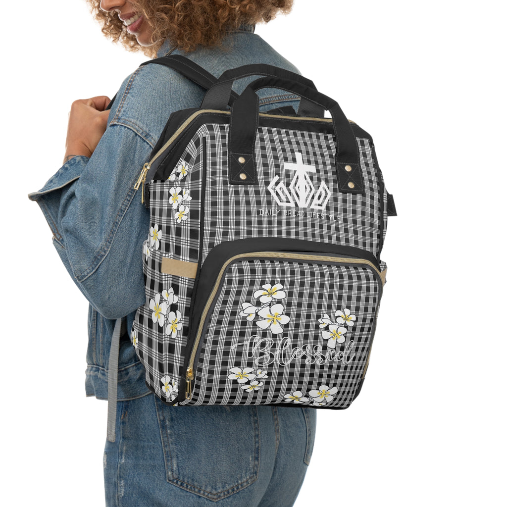 Blessed Plumeria Black Palaka Diaper Backpack