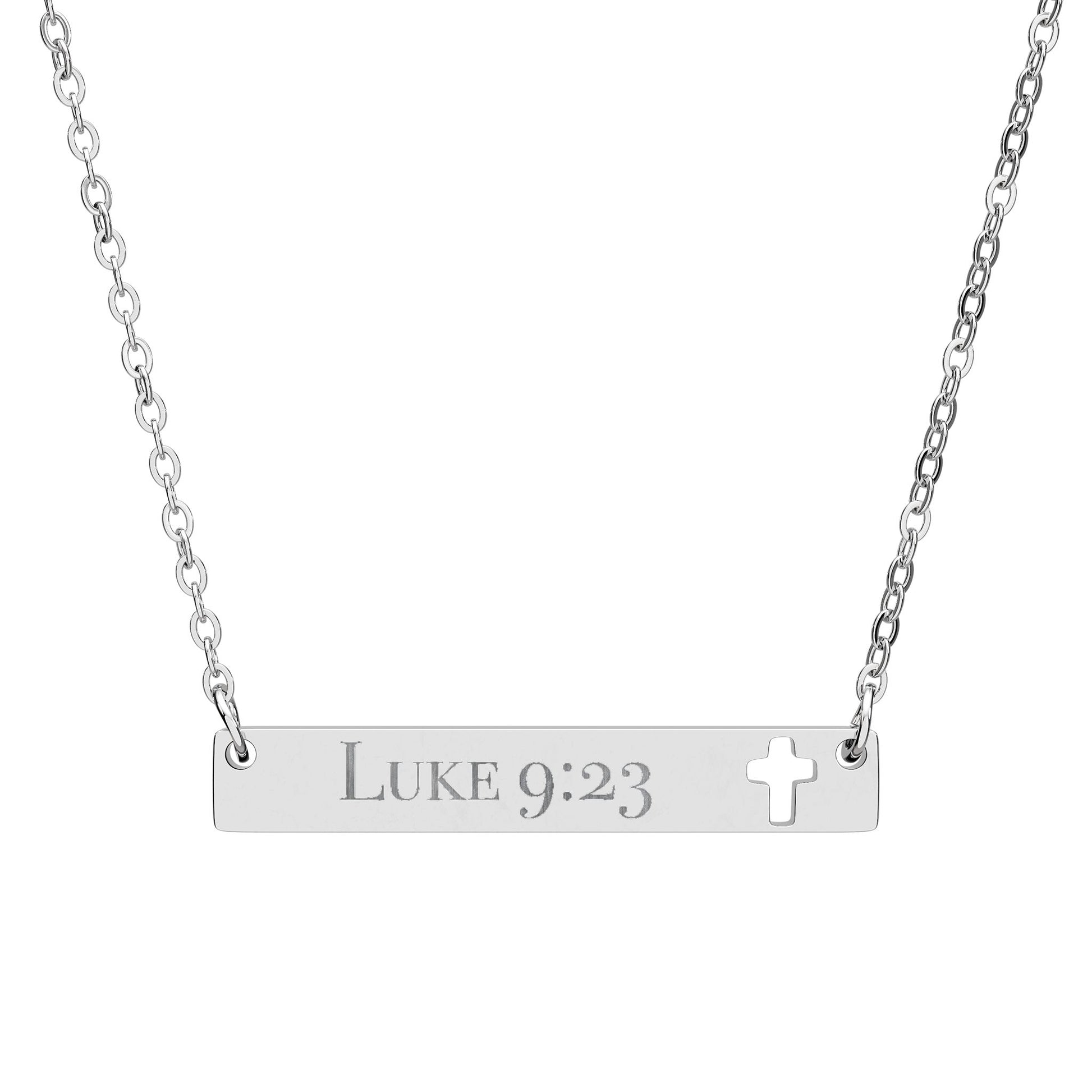 Luke 9:23 Engraved Cross Cut out Bar Necklace | Faith-Inspired Jewelry