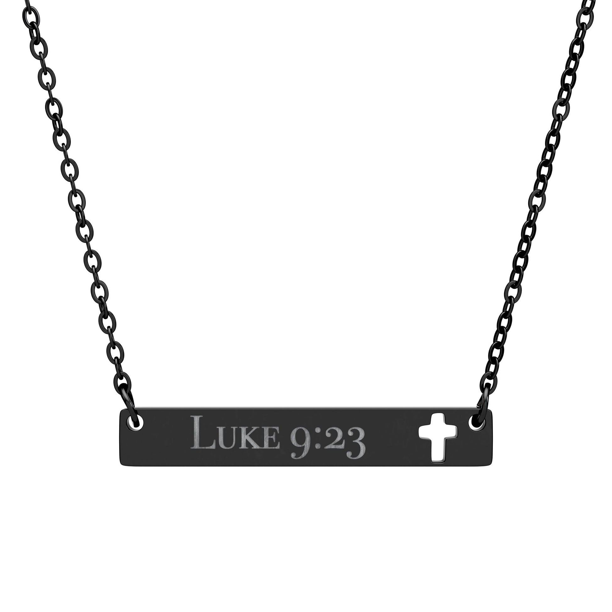 Luke 9:23 Engraved Cross Cut out Bar Necklace | Faith-Inspired Jewelry
