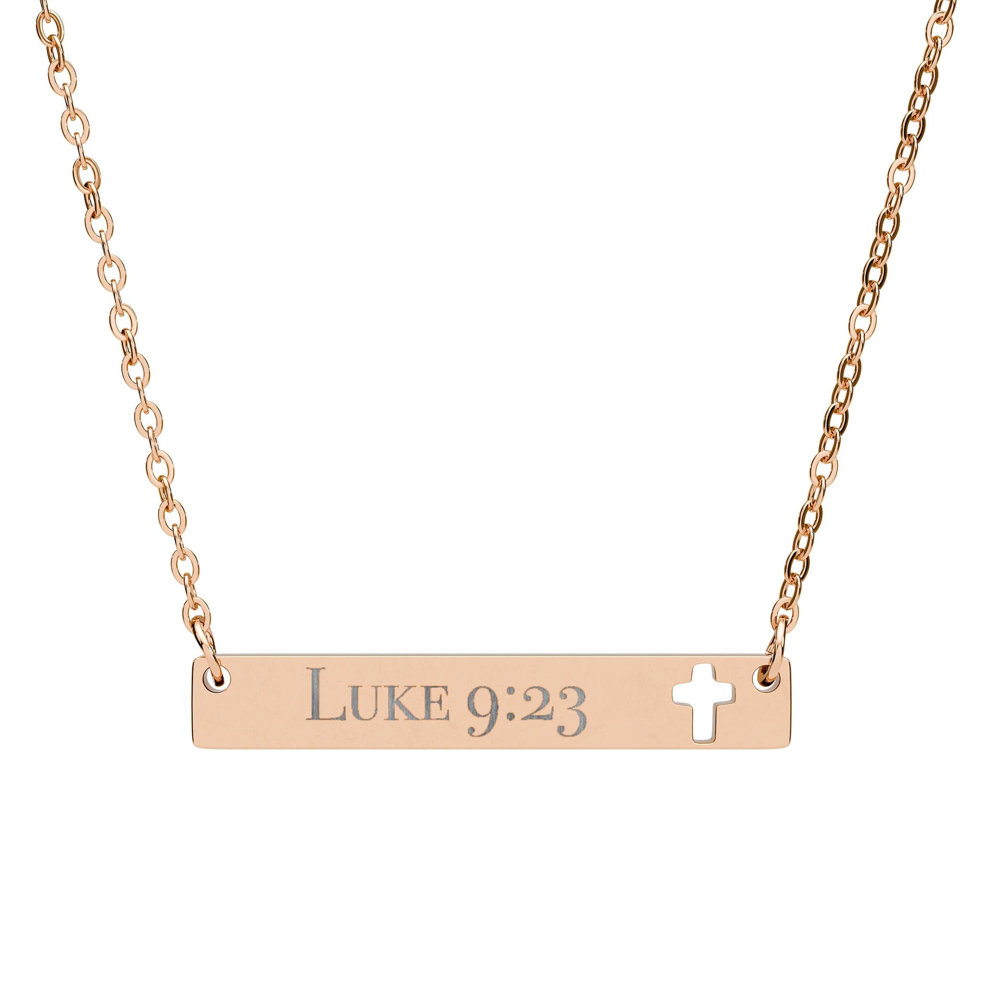 Luke 9:23 Engraved Cross Cut out Bar Necklace | Faith-Inspired Jewelry